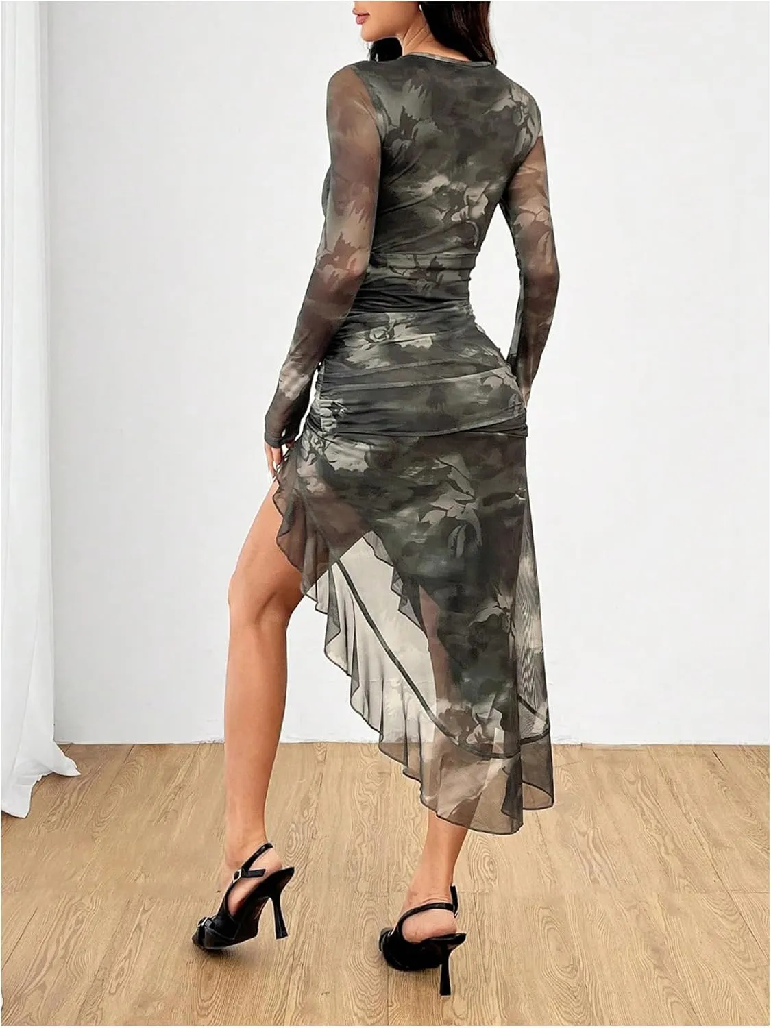 Women's Floral Print Y2k Asymmetrical Hem Midi Dresses Slit Long Sleeve Bodycon Short Dress