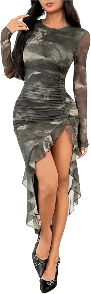 Women's Floral Print Y2k Asymmetrical Hem Midi Dresses Slit Long Sleeve Bodycon Short Dress