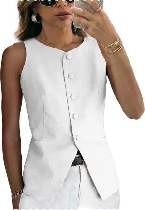 Women's Linen Waistcoat Slim Fit 5 Button V-Neck Dressy Suit Vest