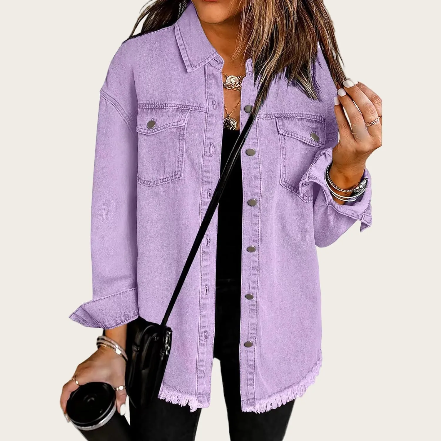 Womens Oversized Denim Jacket Casual Long Boyfriend Button Down Distressed Jean Jacket Fall Shacket Jacket
