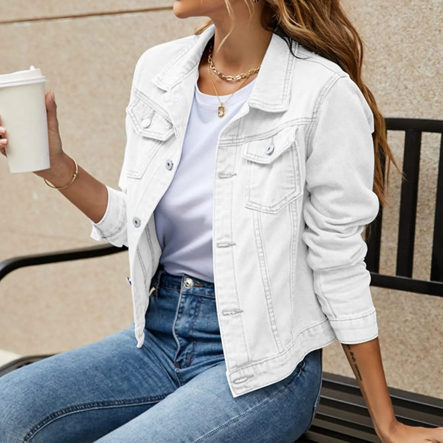 Women's Stretch Denim Jacket Basic Solid Button Down Jean Coat Relaxed Fitted Long Sleeves Shacket Outerwear with Pockets