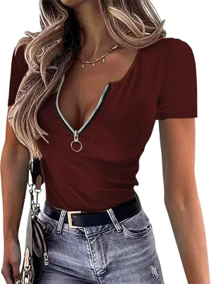 Womens Summer Tops Short Sleeve Shirts Sexy V Neck Slim Fit Zip Up Tops Ribbed Knit Henley Shirts Blouses