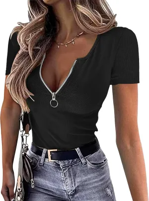 Womens Summer Tops Short Sleeve Shirts Sexy V Neck Slim Fit Zip Up Tops Ribbed Knit Henley Shirts Blouses