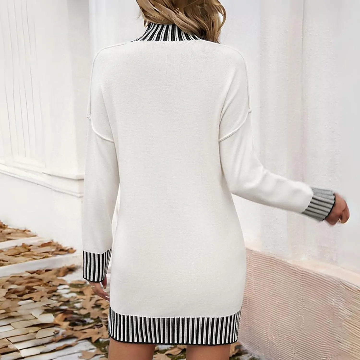 Womens Sweater Dress Long Sleeve Striped Knit Dresses for Women Casual Loose Mock Turtleneck Mini Dresses