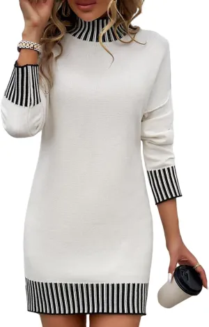 Womens Sweater Dress Long Sleeve Striped Knit Dresses for Women Casual Loose Mock Turtleneck Mini Dresses