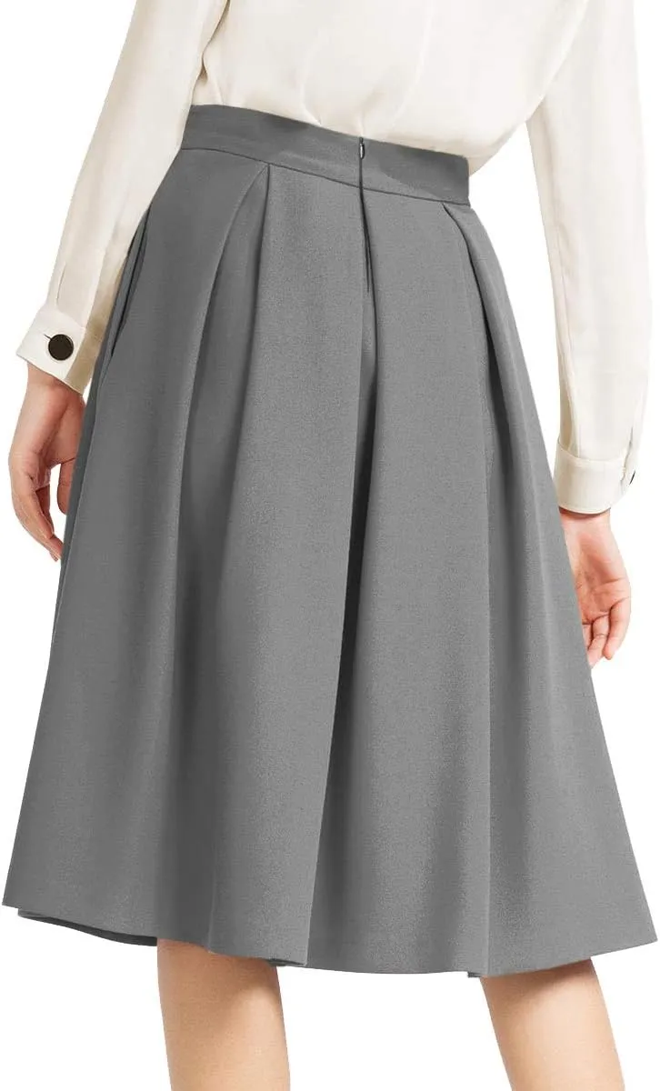 Yige Women's High Waist Flared Skirt Pleated Midi Skirt with Pocket