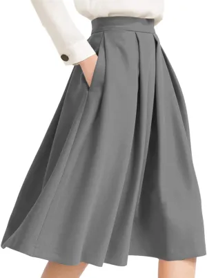 Yige Women's High Waist Flared Skirt Pleated Midi Skirt with Pocket
