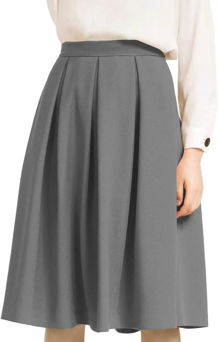 Yige Women's High Waist Flared Skirt Pleated Midi Skirt with Pocket