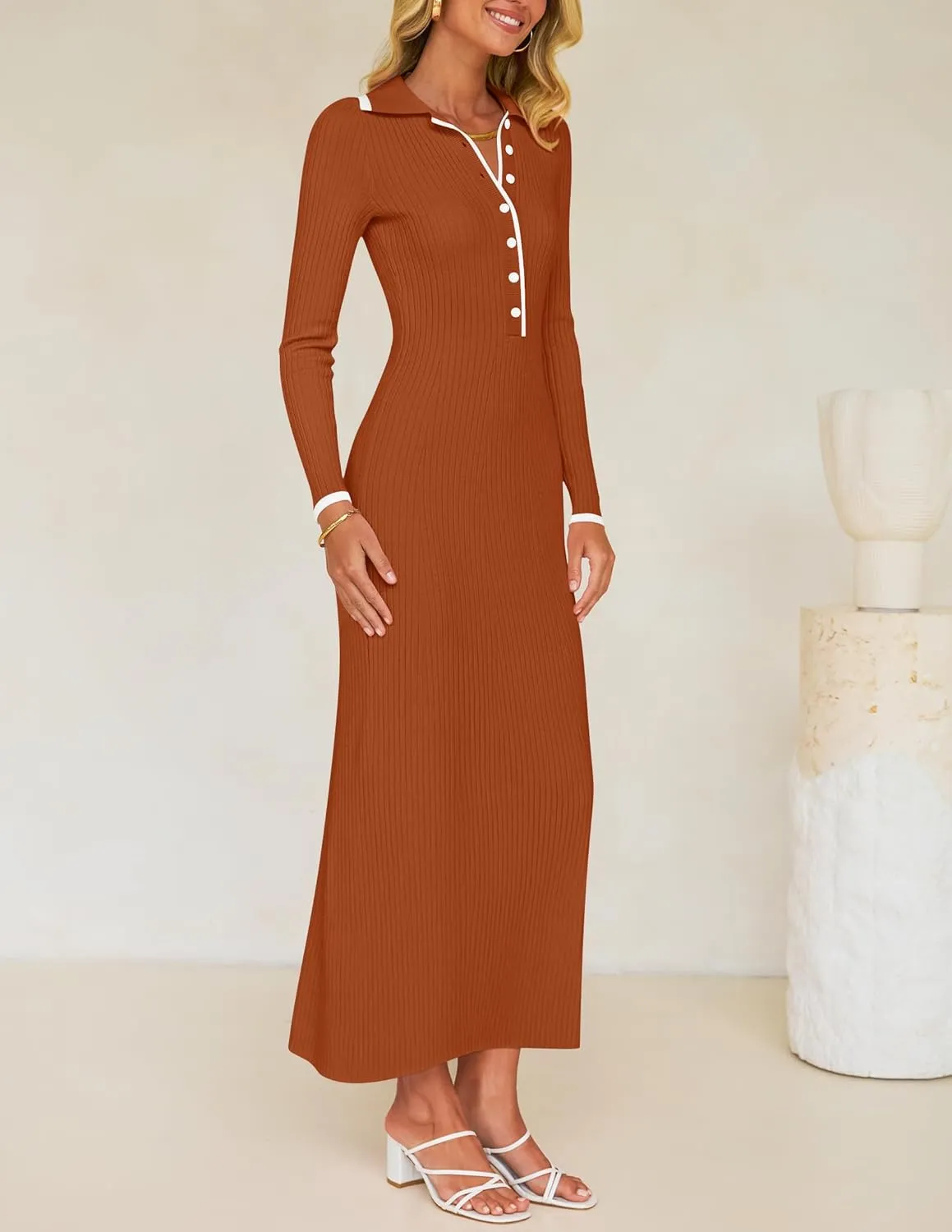ZESICA Women's Long Sleeve Sweater Dress 2025 Spring V Neck Ribbed Knit Casual Formal Cocktail Bodycon Maxi Dresses