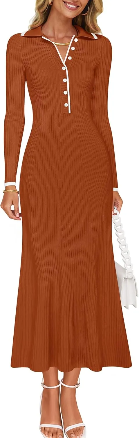 ZESICA Women's Long Sleeve Sweater Dress 2025 Spring V Neck Ribbed Knit Casual Formal Cocktail Bodycon Maxi Dresses