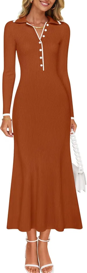 ZESICA Women's Long Sleeve Sweater Dress 2025 Spring V Neck Ribbed Knit Casual Formal Cocktail Bodycon Maxi Dresses