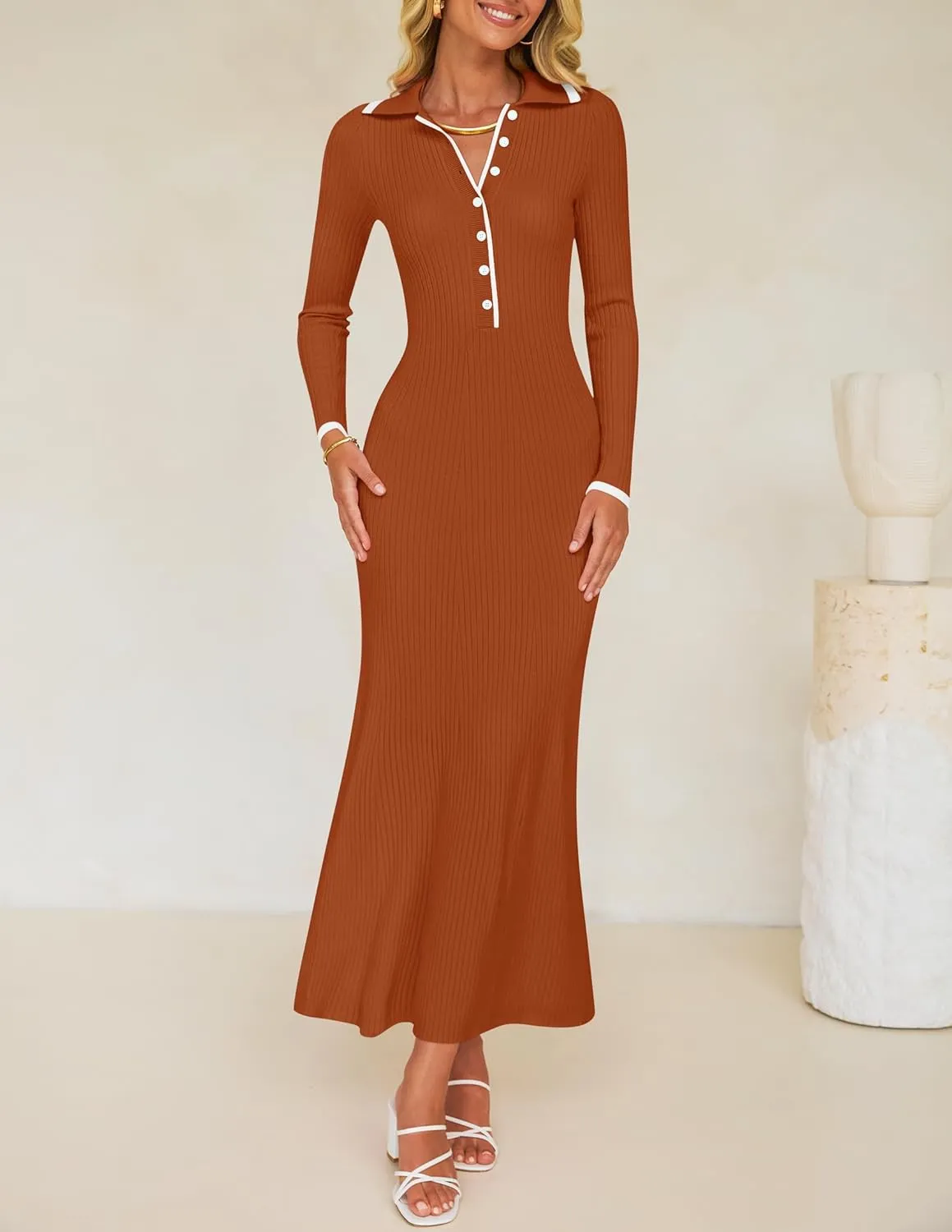 ZESICA Women's Long Sleeve Sweater Dress 2025 Spring V Neck Ribbed Knit Casual Formal Cocktail Bodycon Maxi Dresses
