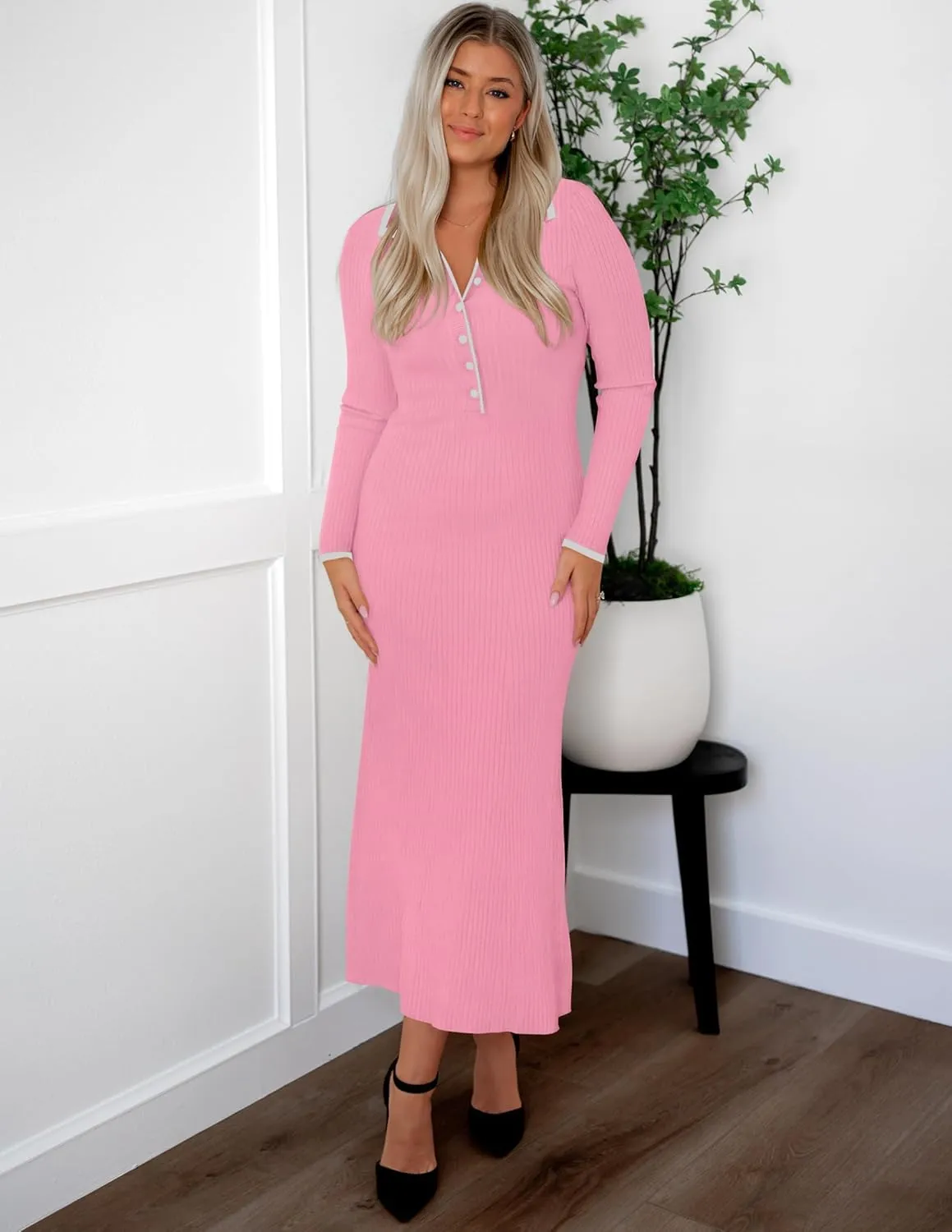 ZESICA Women's Long Sleeve Sweater Dress 2025 Spring V Neck Ribbed Knit Casual Formal Cocktail Bodycon Maxi Dresses